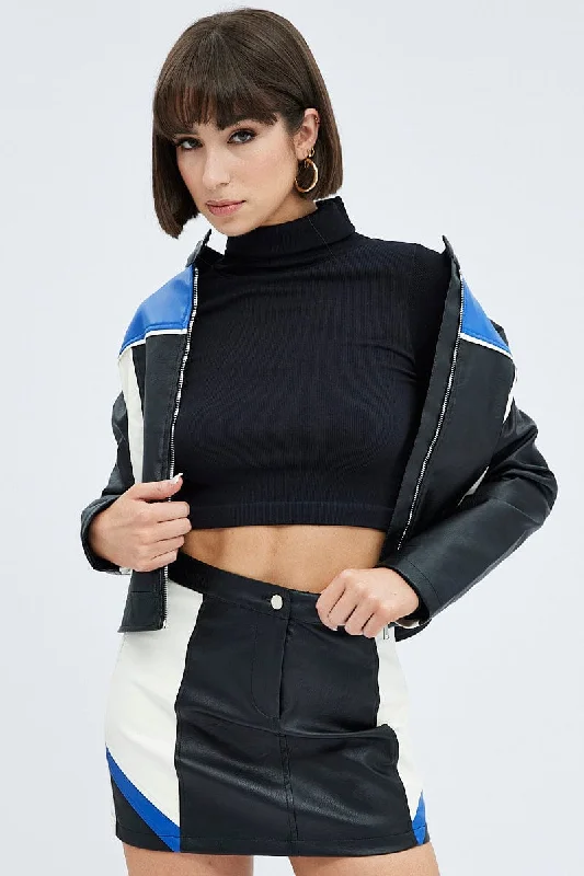 Black Jacket Colour Block Long Sleeve Zip Faux Leather