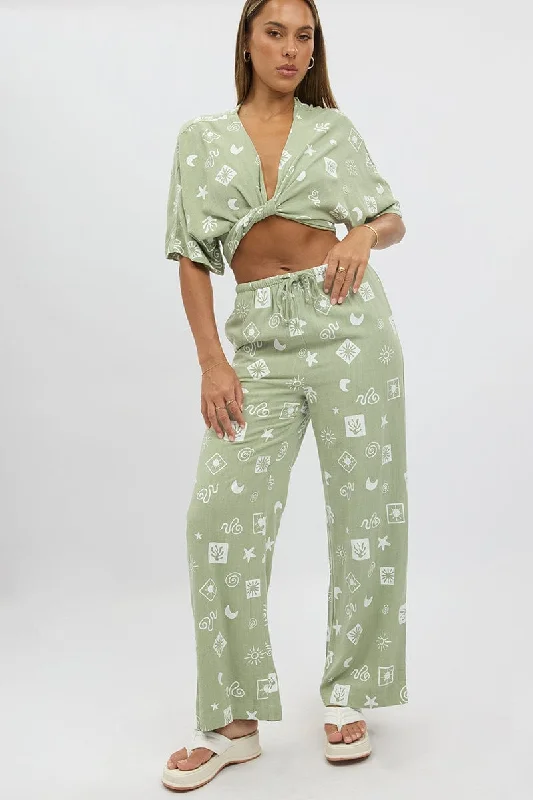 Green Abstract Wide Leg Pants High Rise