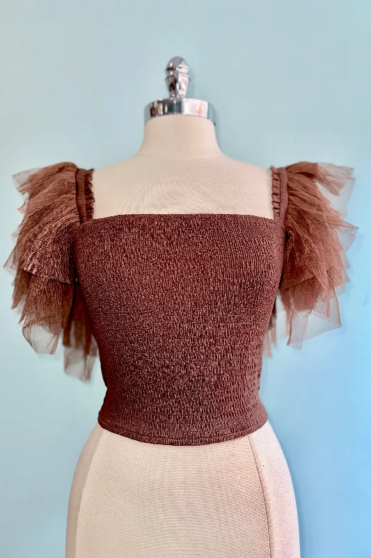 Tiered Ruffle Sleeve Smocked Square Neck Top in Chocolate Brown