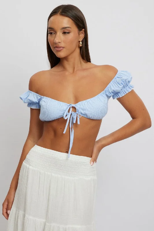 Blue Check Crop Top Short Sleeve Tie Front