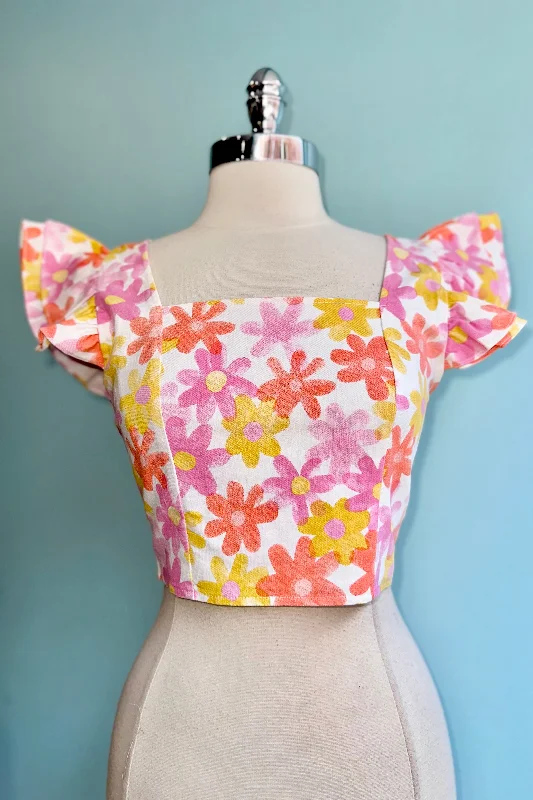 Stretch Denim Mod Floral Ruffle Shoulder Crop Top