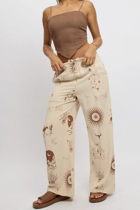 Beige Abstract Wide Leg Pants High Rise