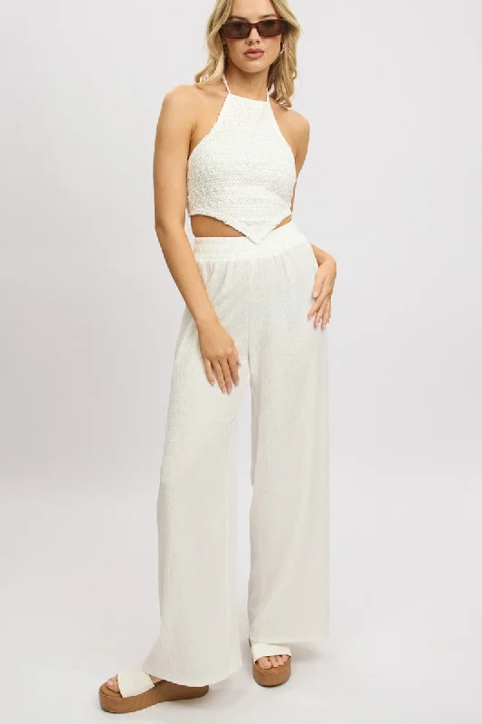 White Wide Leg Pants High Rise Textured Fabric