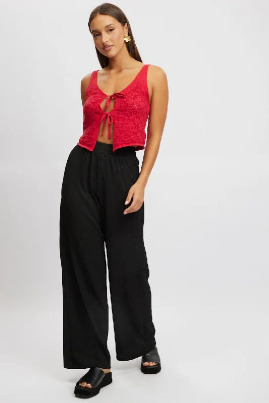 Black Wide Leg Pants High Rise Textured Fabric