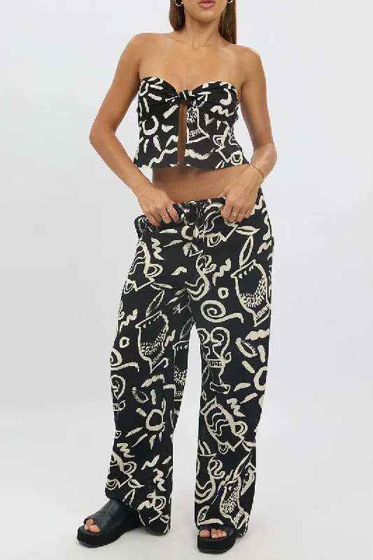 Black Abstract Wide Leg Pants High Rise