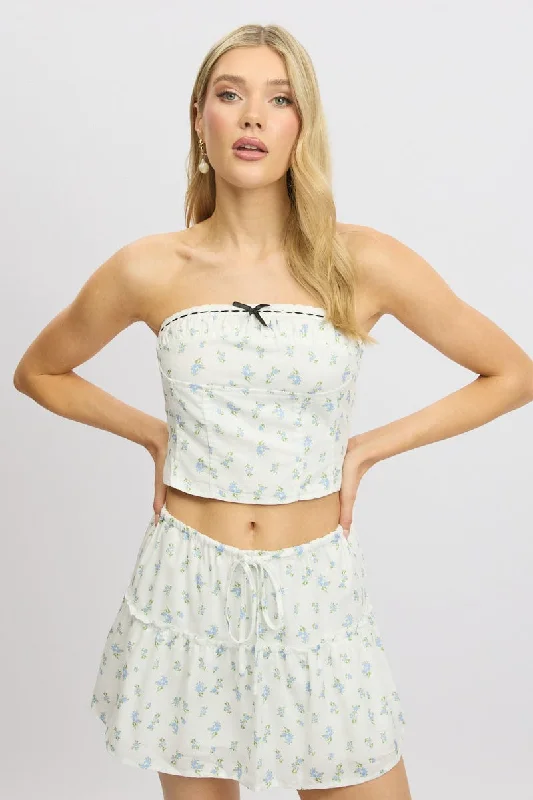 Blue Ditsy Tube Top Strapless Ruched