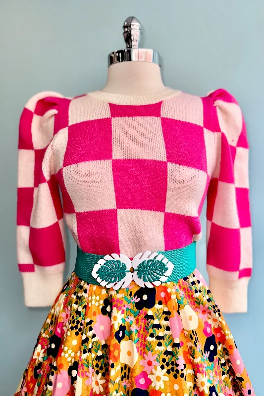 Pink and Cream Checker Puff Sleeve Sweater