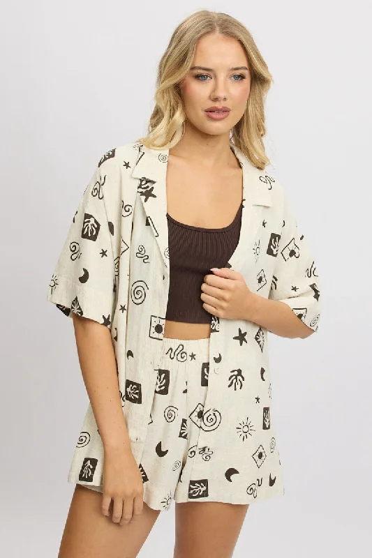 Beige Abstract Relaxed Shirt Short Sleeve Linen Blend