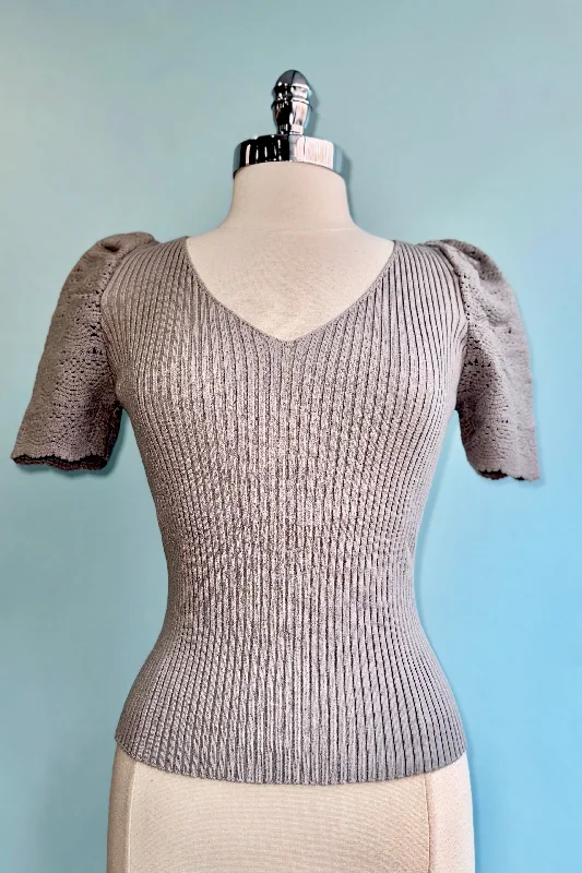 Silver Grey V-Neck Ribbed Sweater