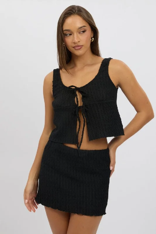 Black Tie Front Top Sleeveless Textured