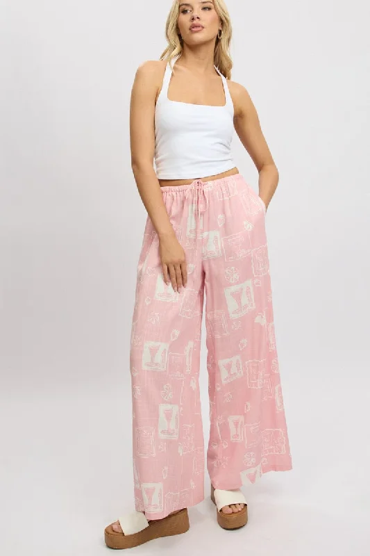 Pink Abstract Wide Leg Pants High Rise