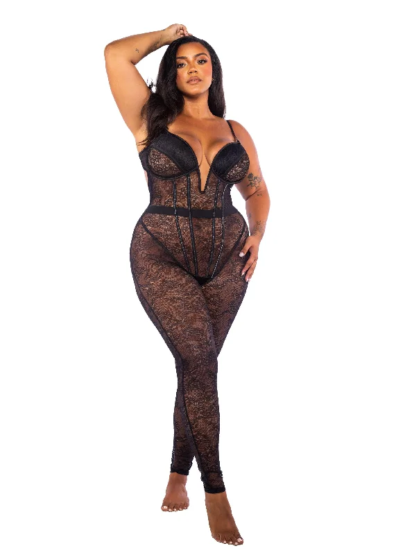 Roma Confidential Queen Belle Noir Chantilly Lace Satin Catsuit Black