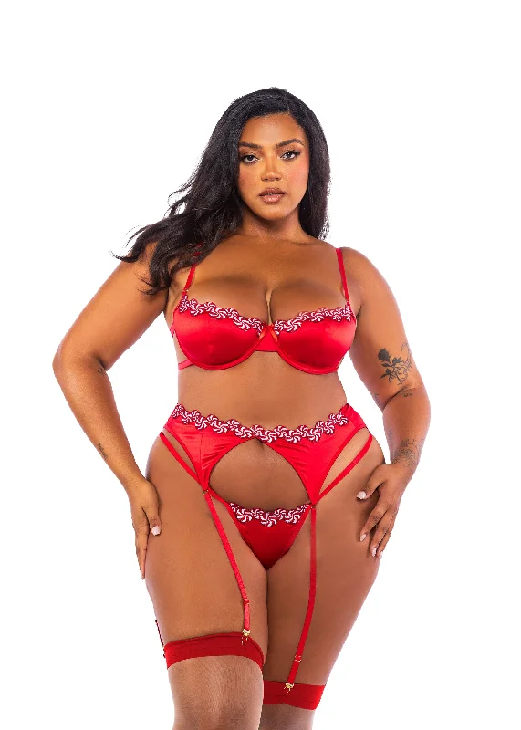 Roma Confidential Queen Peppermint Kiss Embroidery Satin Garter Bra Set Red