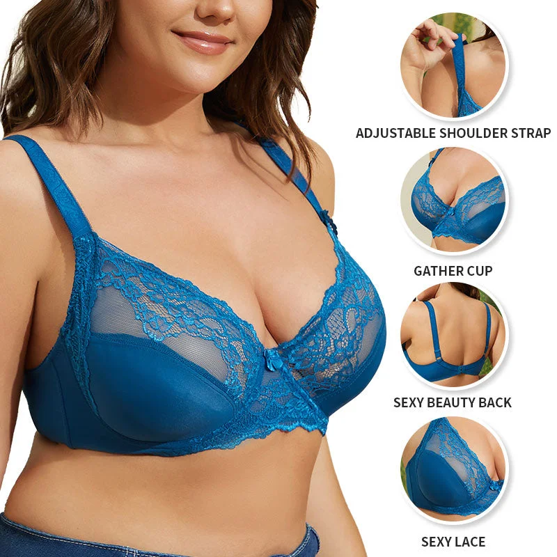 Plus Size Bras Women Push Up Lace Bra Ultra-Thin Perspective Bralette Sexy Lingerie Underwire Brassiere Large Underwear E F Cup