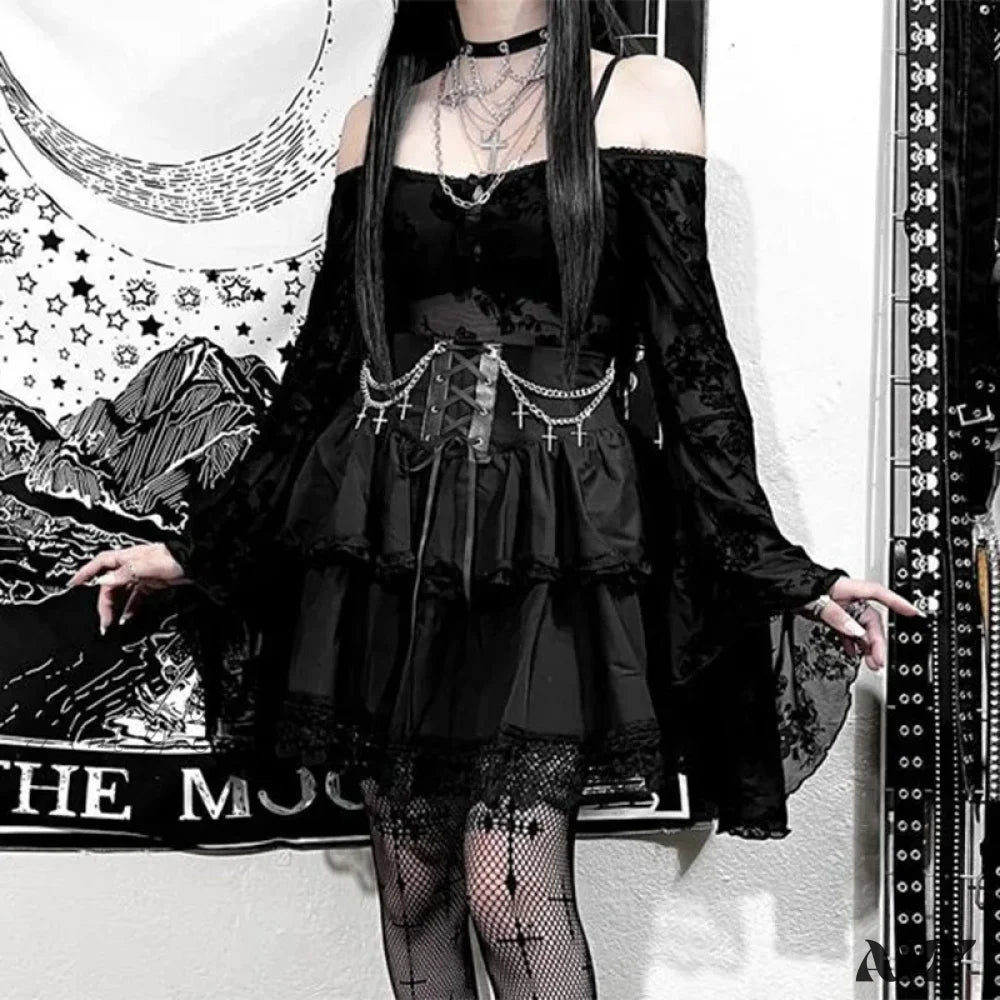 Waist Women Charming Sexy Fairycore Mini Folds Drawstring Ruffle Patchwork Irregular High Gothic Black Skirt