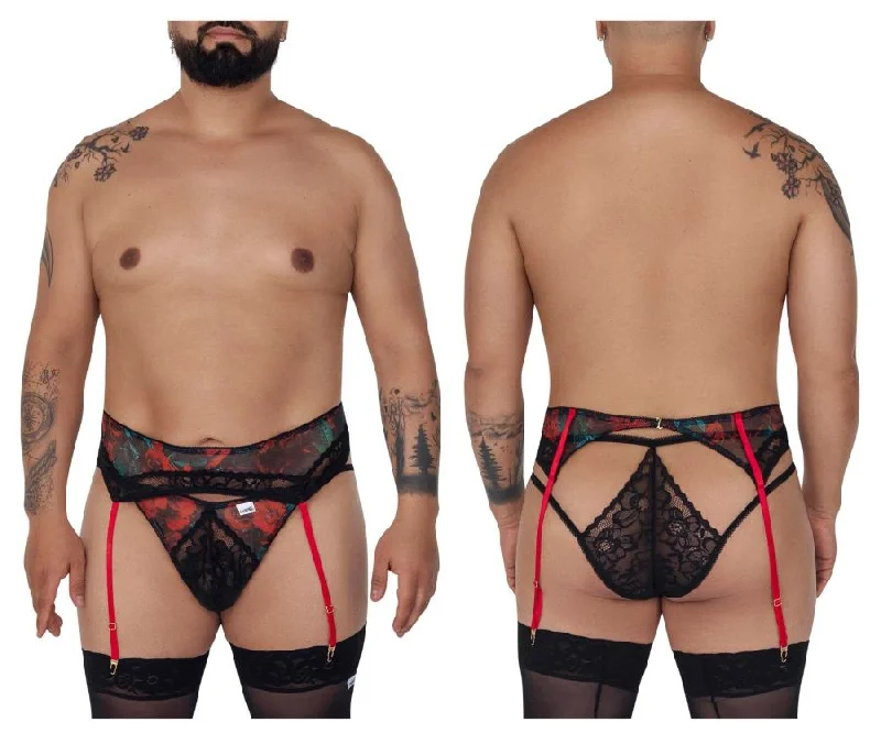 CandyMan 99688X Garter Thongs Two Piece Set Black Plus Sizes