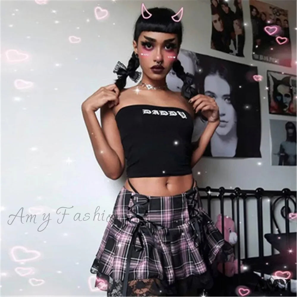 Gothic Harajuku Skirt Mini Y2K High Sexy Streetwear Mall Women Summer Grunge Vintage Bandage Waist Lace