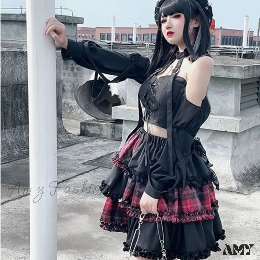 Rock Stitching Skirt Spice Cosplay Red High Plaid Girl Waist Harajuku Two-dimensional Dark Petticoat A-line