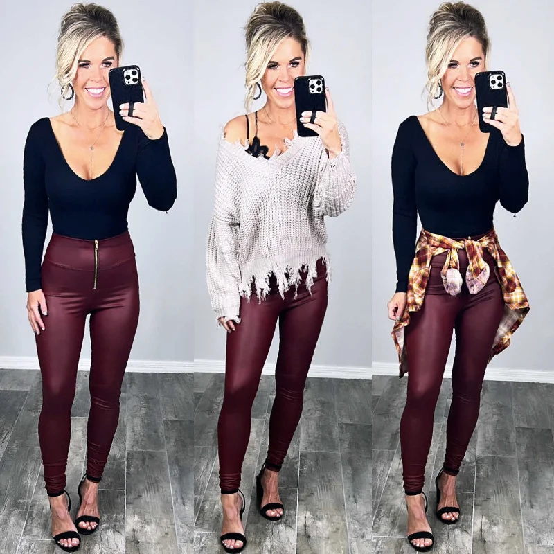 Zip Front Faux Leather Leggings - Burgundy