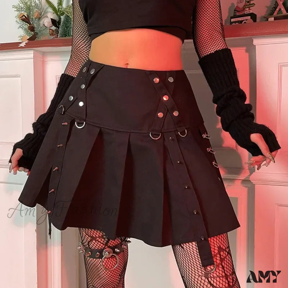 Streamer Gothic Low Personality Version Skirt Metal Harajuku Rivet Pleated Spice Short Diablo Buckle Waist A