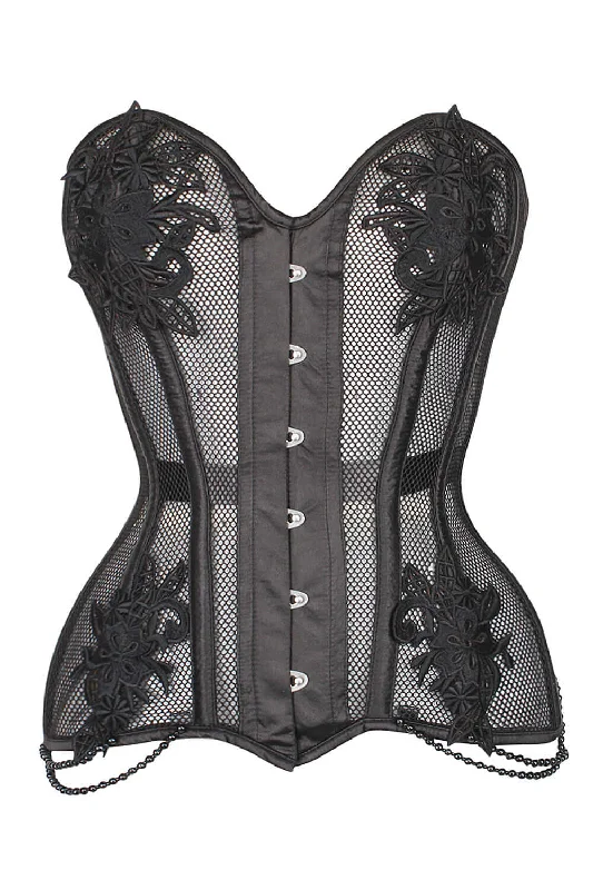 Black Mesh and Lace Appliqué Waist Taming Overbust Corset