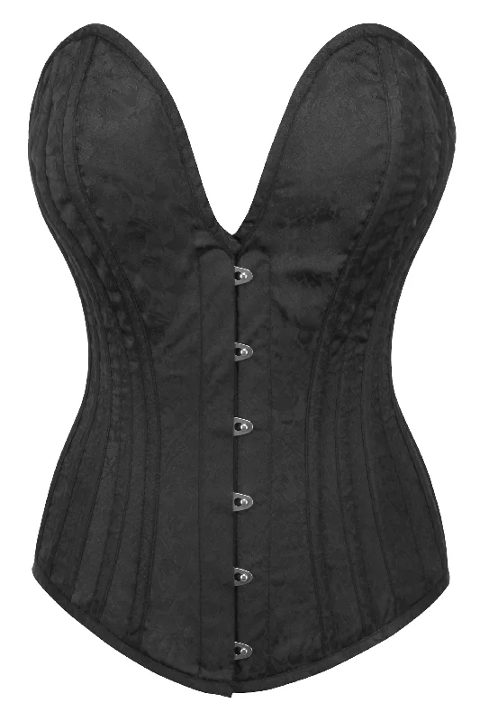 Black Brocade Overbust Corset with Plunge Neckline