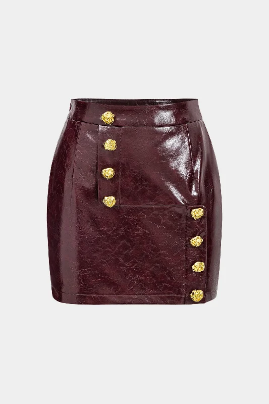 Faux Leather High Waist Metallic Button Skirt