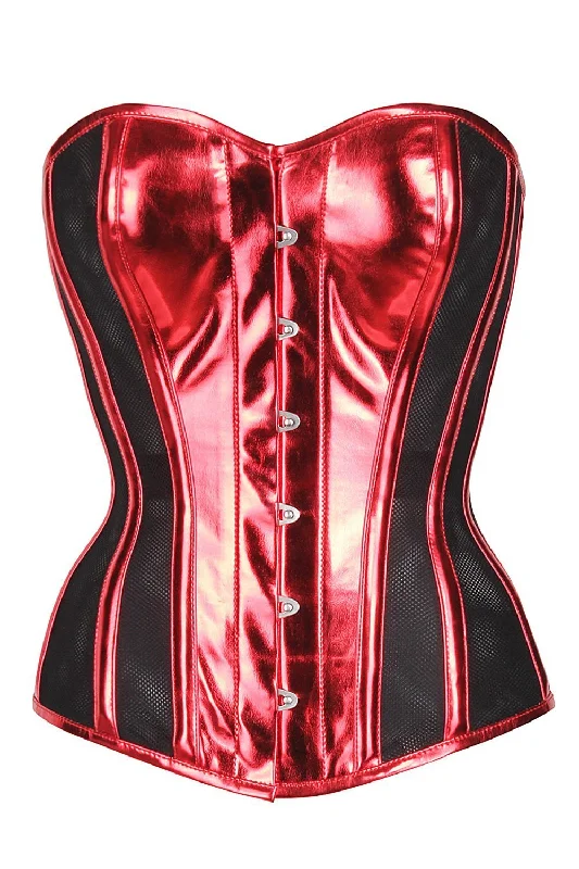 Shams Red PVC & Black Mesh Panelled Overbust Corset