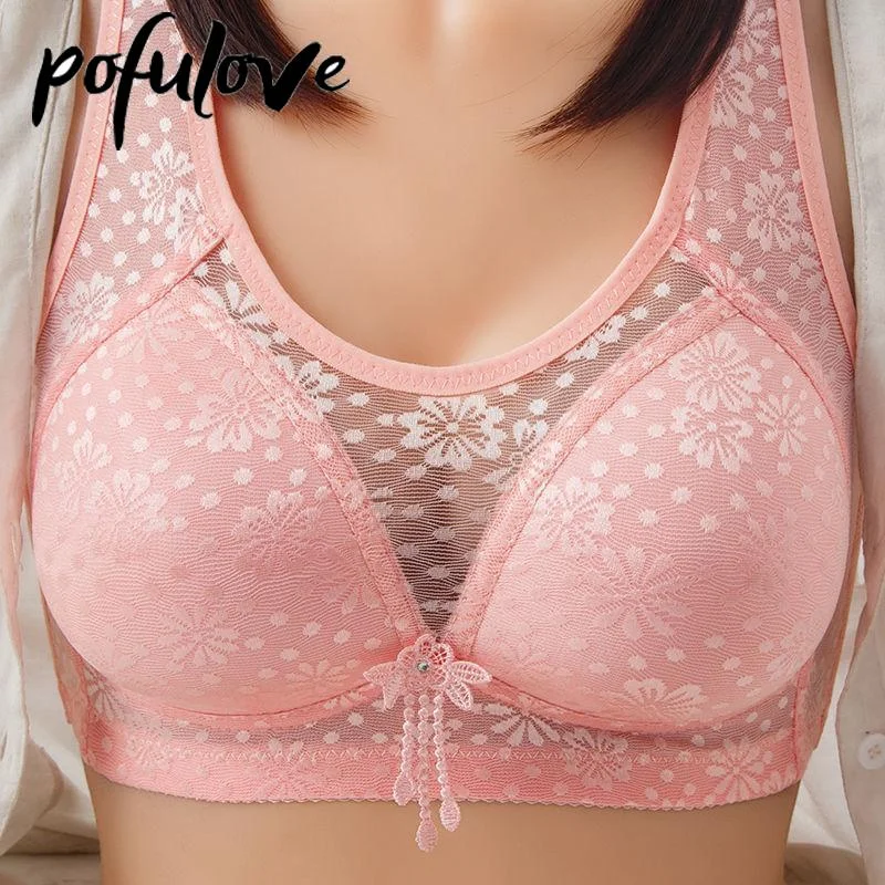 Plus Size Bras for Women Lace Sexy Push Up Bra Floral Bralette Wireless Seamless Underwear Thin Wide Straps Mesh Brassiere Pink