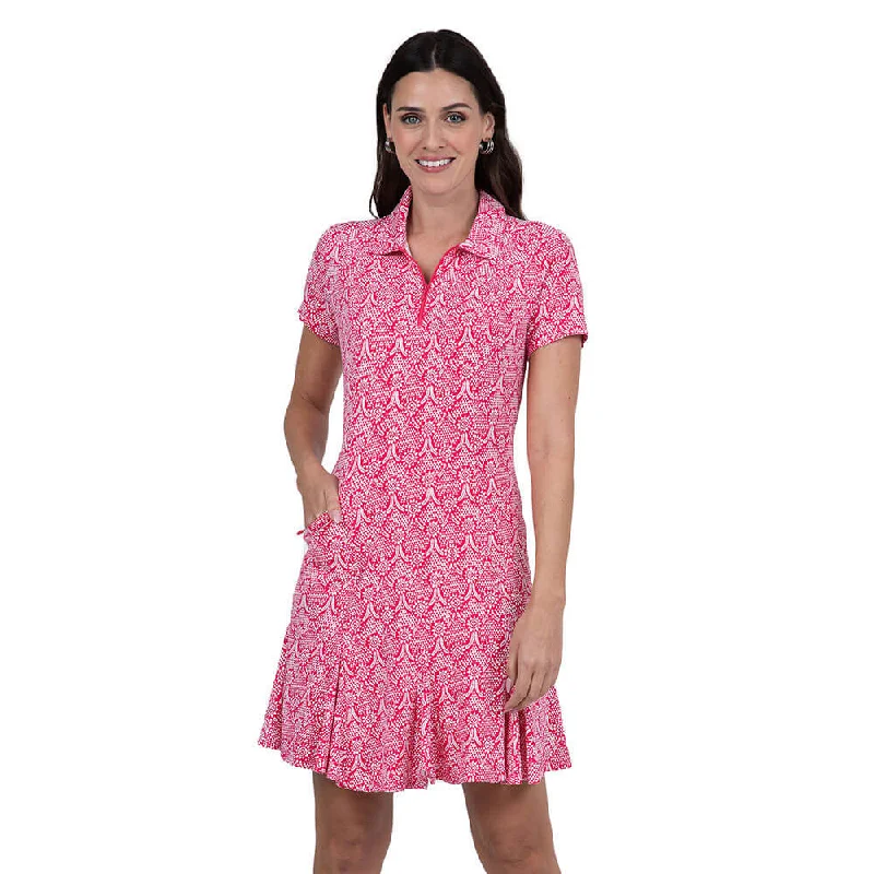 IBKUL Women's Leslie Print Short Sleeve Polo Dress - Watermelon/White