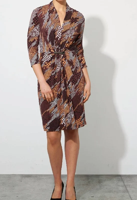 Abstract Print Dress In Brown Midi Dress