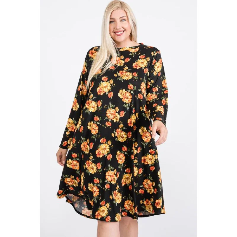 Floral Mock Neck Hidden Pocket Round Hem Midi Dress