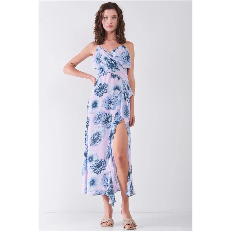 Floral Print Sleeveless Self-tie Wide Wrap Front Ruffle Hem Side Slit Detail Midi Dress