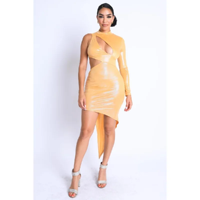 Foil Asymmetric Sleeve And Cut Out Midi Dress