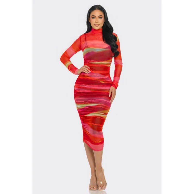 Glitch Print Mesh Ruched Midi Dress