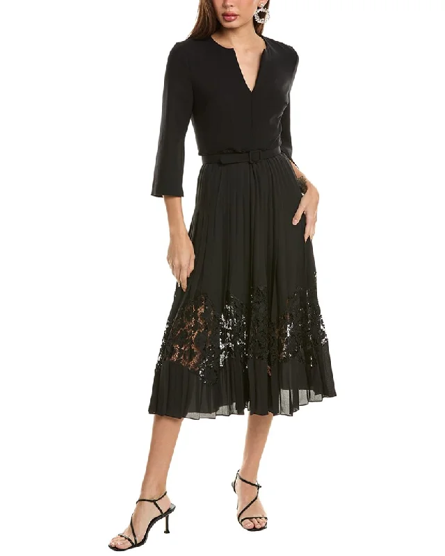 Oscar de la Renta Pleated Skirt Silk-Lined Wool-Blend Midi Dress