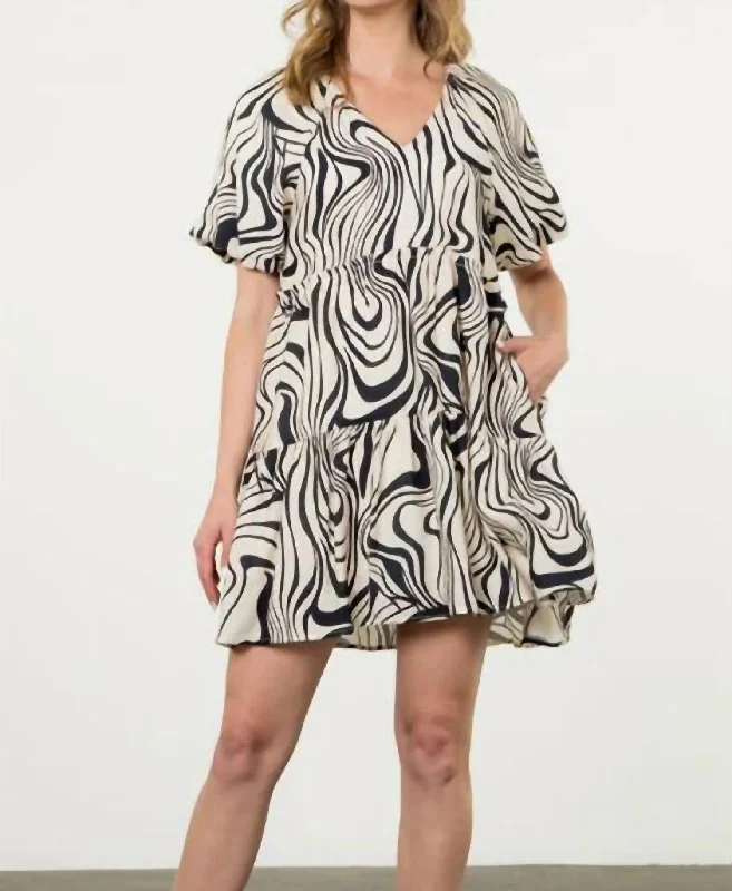 Puff Sleeve Print Midi Dress In Cream