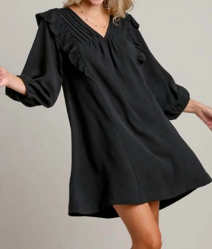 Long Sleeve Mini Dress With Ruffle Details In Black