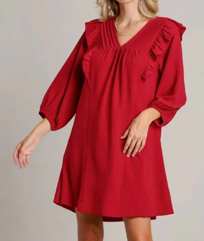 Long Sleeve Mini Dress With Ruffle Details In Burgundy