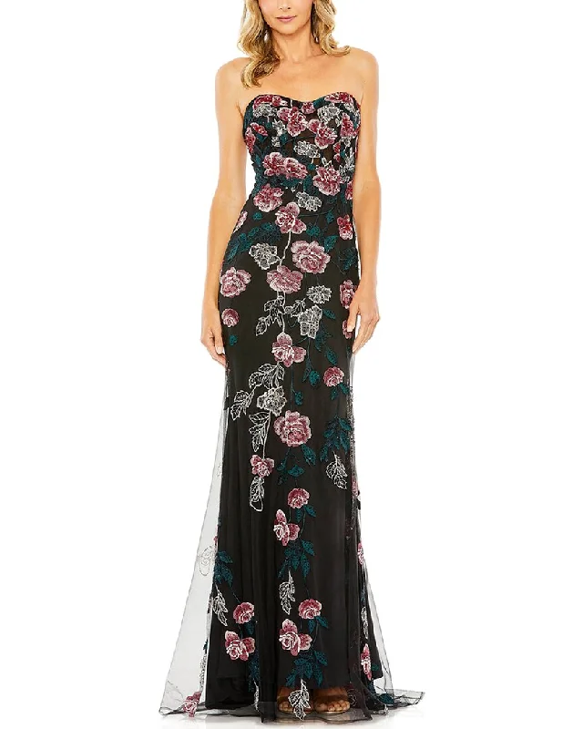 Mac Duggal Strapless Floral Embroidered Gown