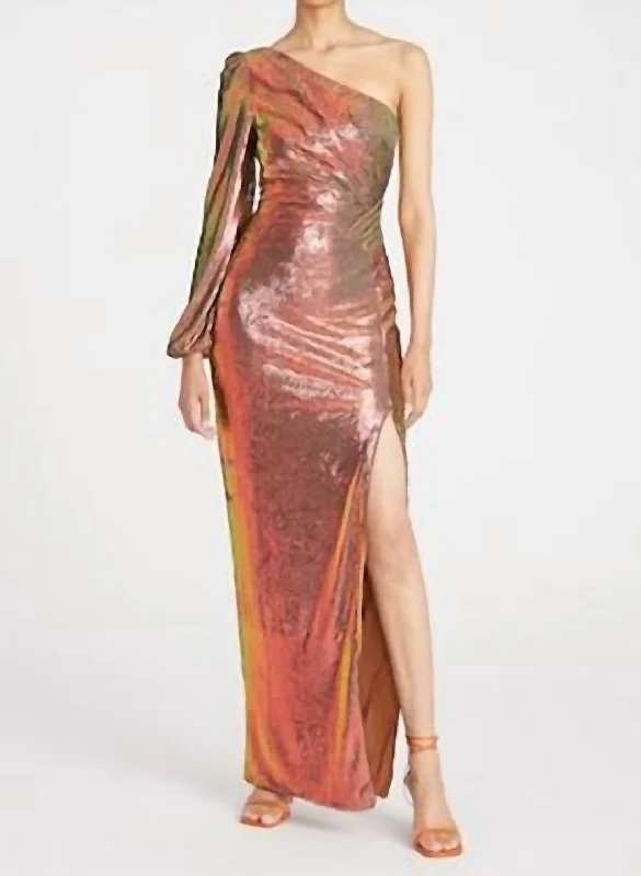 Myra One Shoulder Sequin Gown In Iridescent Persimmon