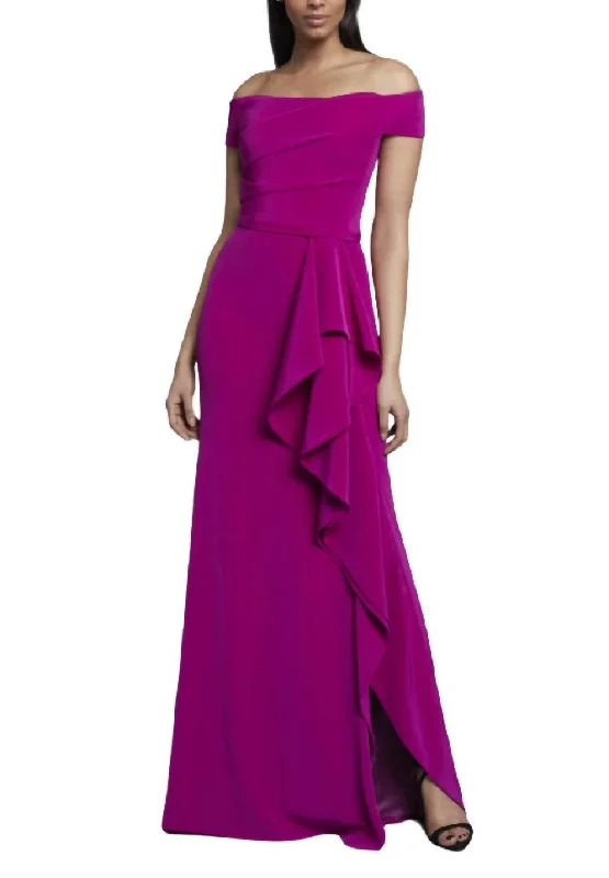 Off Shoulder Side Ruffle Cascade Gown In Orchid