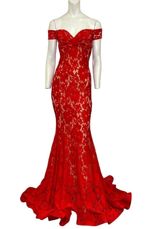 Off The Shoulder Lace Evening Gown In Red/nude