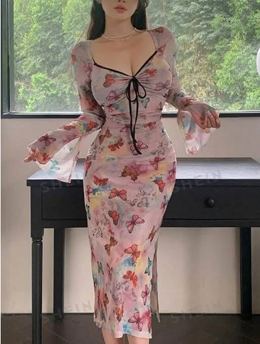 Floral Print Tie-Front Midi lingerie Dress, Long Sleeves, Butterfly Pattern