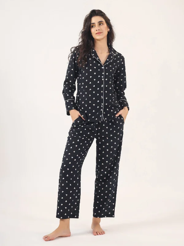 Heart print  BLACK Cotton Night SUIT